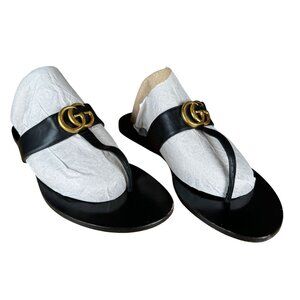 Gucci Marmont GG Thong Flip Flop Sandals Black Leather Women's Size EU 42 US 12
